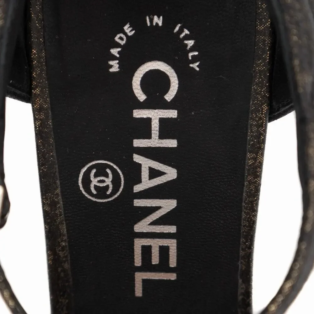 Chanel Interlocking CC Fantasy Lambskin Quilted Wedge Sandals Black Gold 36 US6